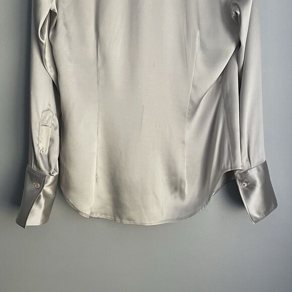 Ralph Lauren Black Label Silk Blouse Sz 10 Gray Button-Up Long Sleeve Shimmer - Picture 11 of 16